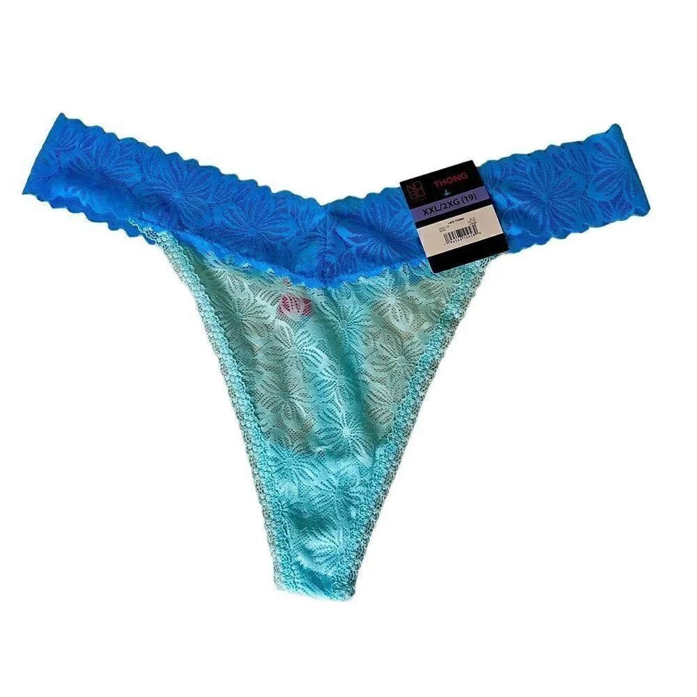 NWT No Boundaries NoBo Women's Lace Thong Panties Size 2XL Blue Floral Lace V